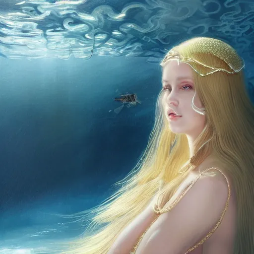 Image similar to breathtakingly detailed concept art painting portrait of a goddess floating on the sea floor, blond hair in a white sheer dress, full body, orthodox saint ornate background, by hsiao - ron cheng, very moody lighting, 8 k