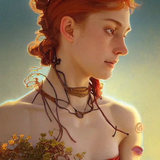 Prompt: concept art, portrait of beautiful lightly freckled and unusually attractive female, intricate, elegant, highly detailed, my rendition, digital painting, artstation, concept art, smooth, sharp focus, illustration, art by greg rutkowski and alphonse mucha and uang guangjian and gil elvgren and sachin teng, symmetry!!