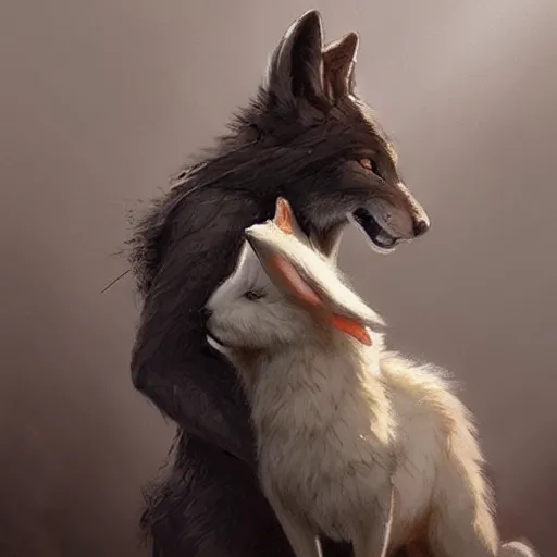 Image similar to A beautiful painting of an anthropomorphic wolf and rabbit hugging, artstation trending, greg rutkowski