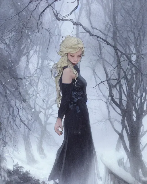 Prompt: elsa portrait, winter, somber, sad, black dress, low light, foggy at dawn, sunlight visible through tree leaves, misty, magic, atmospheric art by artgerm and greg rutkowski and alphonse mucha and by artgerm, by studio muti, greg rutkowski makoto shinkai takashi takeuchi,