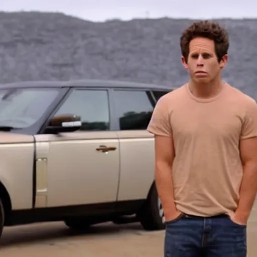 Prompt: dennis reynolds a. k. a. the golden god, standing next to his range rover near a body of water, cinematic style