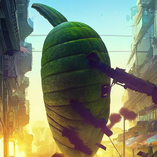 Image similar to Concept Digital Art Highly detailed giant Watermelon warlord protecting Ukrainian city from Orks by Stephen Hickman and Beeple. Very highly detailed 8K,Pentax 67, Kodak Portra 400 in style of Hiromasa Ogura Ghost in the Shell, the golden ratio, rational painting