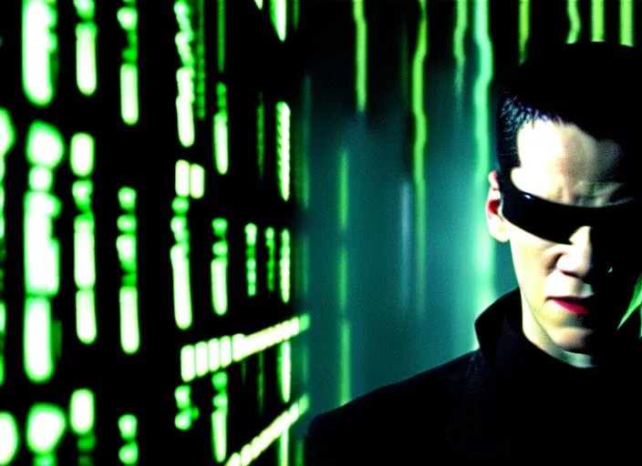 Image similar to Movie still of Neo in The Matrix movie doing a thumb up to the camera in front on burning servers.