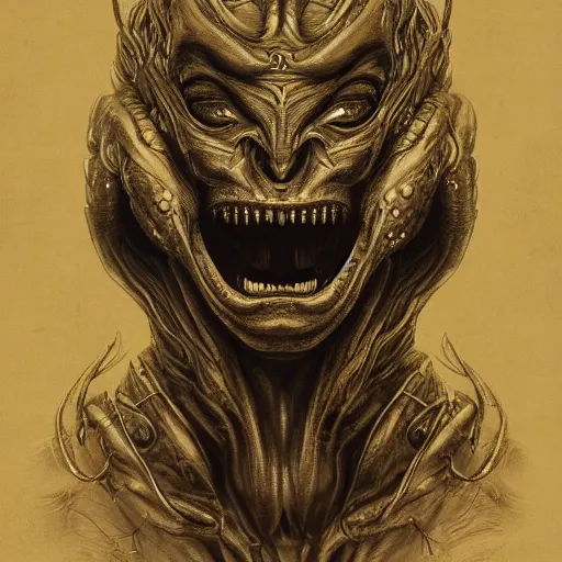 Prompt: a masterpiece! photographic portrait of an alien beast!! with seven heads!! and ten horns!! by gustave dore and sam spratt and allen williams, trending on artstation, cgsociety, 8 k hd, earthtone colors,