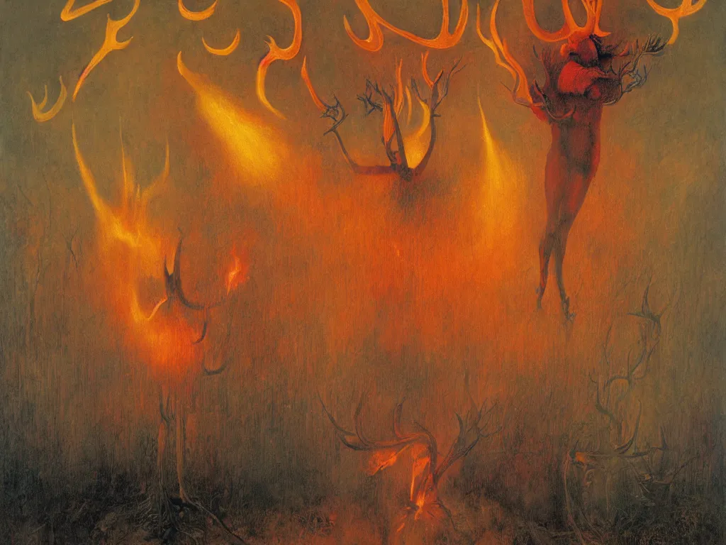 Image similar to devil with antlers burning with a flamethrower the lily. painting by mikalojus konstantinas ciurlionis, bosch, wayne barlowe, agnes pelton, rene magritte