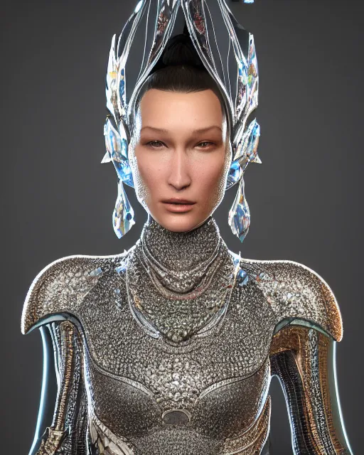 Image similar to a highly detailed metahuman 8 k close up render of bella hadid renaissance in iris van herpen dress schiaparelli in diamonds crystals swarovski and jewelry iridescent in style of alphonse mucha gustav klimt trending on artstation made in unreal engine 4