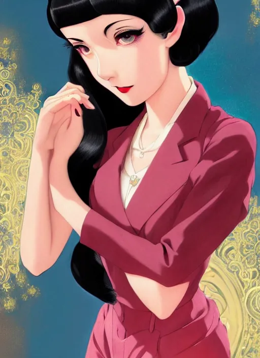 Prompt: a beautiful girl with black hair in 1930's fashion, ballroom background, intricate, highly detailed, digital painting, artstation, official media, anime key visual, concept art, rich vivid colors, ambient lighting, sharp focus, illustration, art by Artgerm, Makoto Shinkai, Ilya Kuvshinov, Lois Van Baarle, and Rossdraws