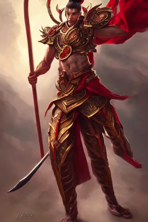 Image similar to a masterpiece portrait of nezha, legendary slim male god holding spear and red armor, bomb, fantasy character portrait, hyper detailed, digital painting, 8 k realistic, trending on artstation, sharp focus, dof, by fenghua zhong, artgerm, ne zha from smite, tsuyoshi nagano, flame everywhere