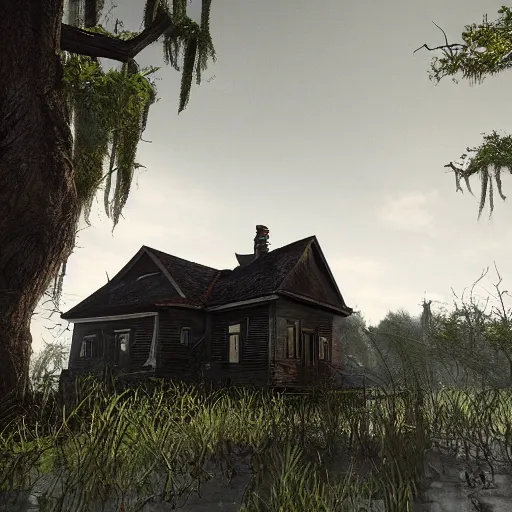 Image similar to a creepy scene of a swampy area with a house in the background, a screenshot by senior environment artist, polycount, gothic art, cryengine, playstation 5 screenshot, unreal engine 5