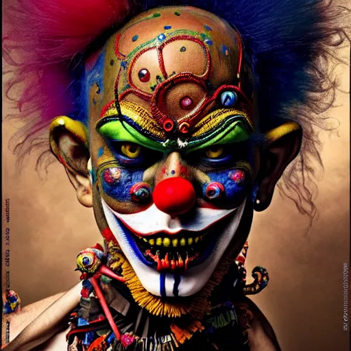 Image similar to uhd photorealisitc authentic psychotic madman wearing ornate clown costume and intricate voodoo makeup, intricate details, vivid colors, frightening surroundings, correct details, in the style of amano, karol bak, akira toriyama, and greg rutkowski