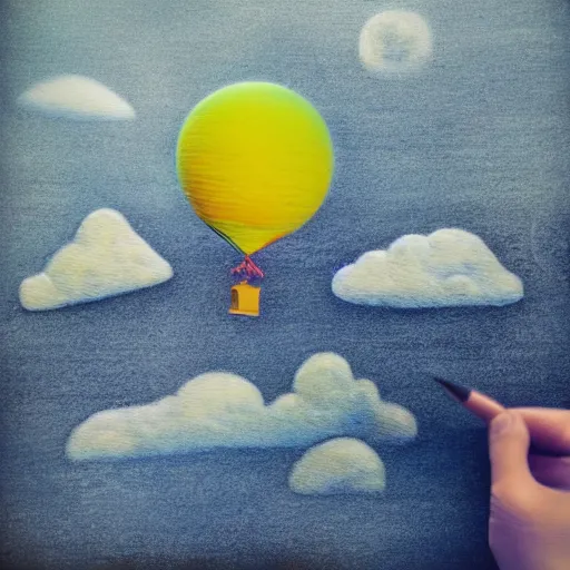 Prompt: landscape, ufo, clouds, Pencil Art, Colored Pencil, Impressionist Mosaic, Wall Decal, Signage, Wood-Carving, Balloon Modelling, Closeup, Field of View, Short Exposure, Long Exposure, 3D