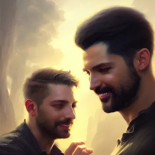 Prompt: 2 handsome masculine guys | | sunny, dreamlike art, mist, realistic shaded, smile, good looking, fine details, 4 k realistic, cryengine, realistic shaded lighting poster by greg rutkowski, magali villeneuve, artgerm, jeremy lipkin and michael garmash and rob rey