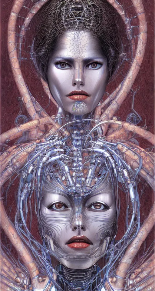 Image similar to a robotic goddess with transparent skin, robotic a fine wiring skeleton, highly detailed, digital painting, smooth, sharp, beautiful face, expressive eyes, highly intricate, art by Boris Vallejo and H.R. Giger