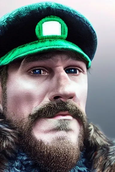 Image similar to very very intricate photorealistic photo of a realistic human version of luigi wearing his hat in an episode of game of thrones, photo is in focus with detailed atmospheric lighting, award - winning details