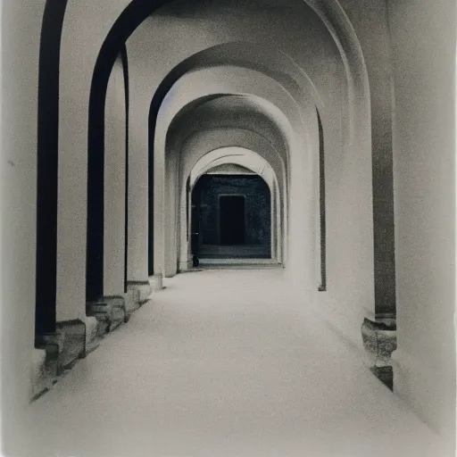 Image similar to Beautiful Fuzzy Polaroid Photograph of an tiled infinite foggy liminal pool hallway with archways and water on the floor