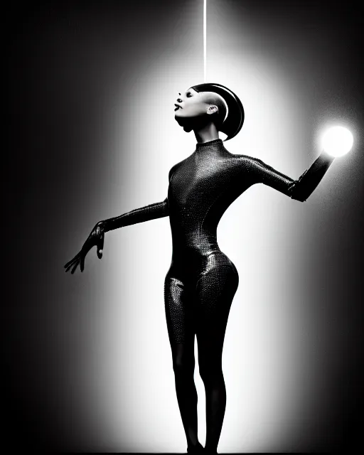 Image similar to black and white high quality photo of a beautiful futuristic dancing female human-queen-insect-cyborg looking into a sci-fi mirror:: volumetric lighting, liminal space, brutalism, foggy, dreamy, hyperdetailed, bokeh, photorealistic, cinematic, masterpiece, Metropolis, elegant, dark, octane render, 8K, by Man Ray in the style of Dora Maar