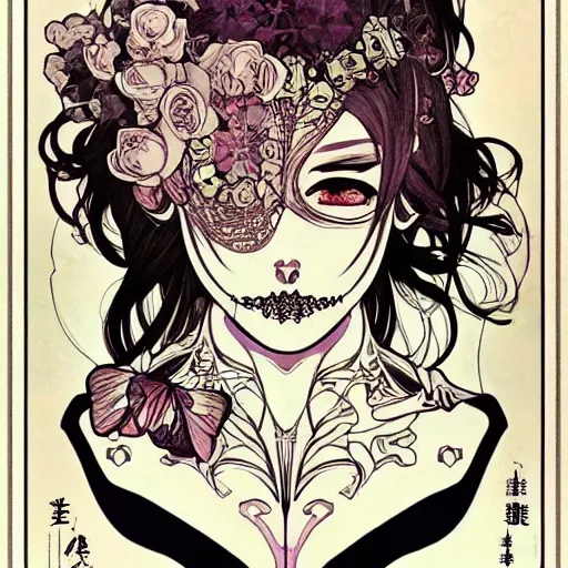 Image similar to anime manga skull portrait woman hair floral details comic skeleton illustration style by Alphonse Mucha and James Jean and Sainer Etam pop art nouveau