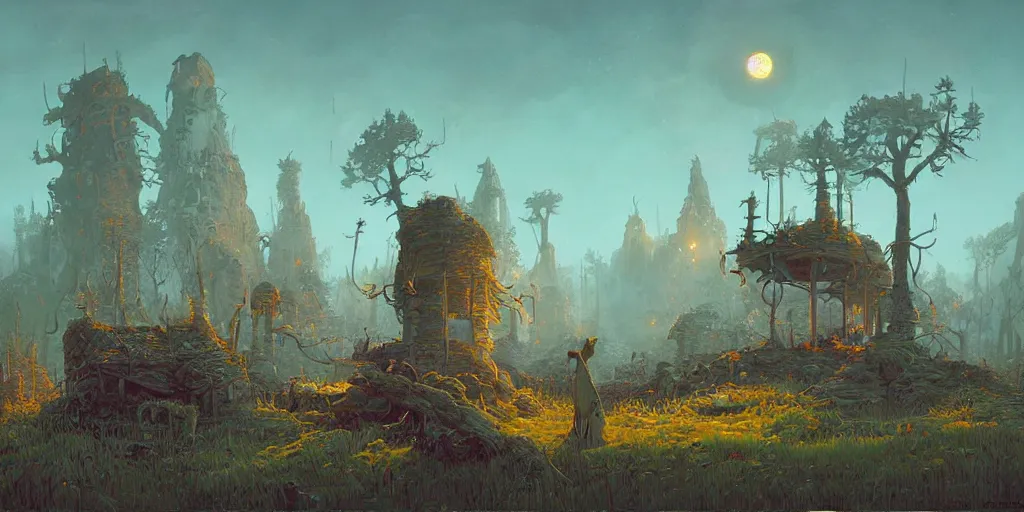 Image similar to A fantasy painting of a beautiful fantasy environment by michael whelan and simon stålenhag