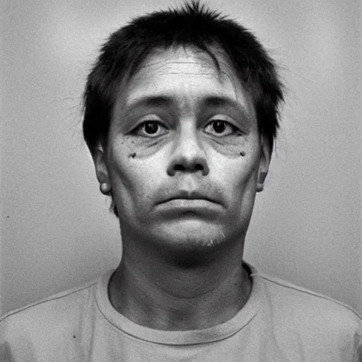 Image similar to a person with multiple eyes, mug shot, 1987