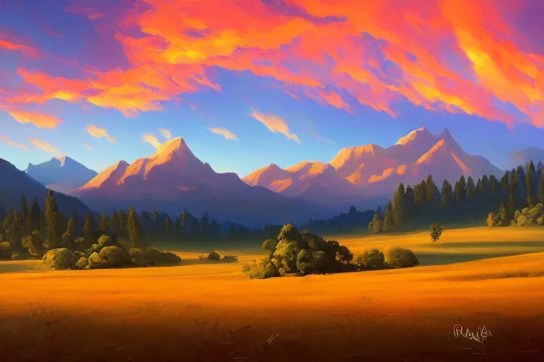 Image similar to a beautiful nature landscape with clouds, mountains, in background, sunset, by rhads