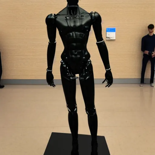 Prompt: a realistic detailed photo of a guy who is an attractive humanoid who is half robot and half humanoid, who is a male android, twitch streamer ninja tyler blevins, shiny skin, posing like a statue, blank stare, at the museum, on display