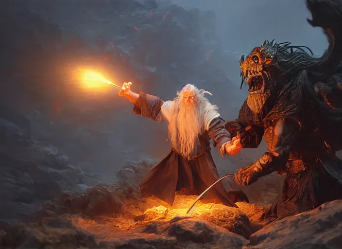 Image similar to A diorama of Gandalf fighting the balrog, tilt shift, detailed, high fantasy, soft lighting, by Ruan Jia and Mandy Jurgens