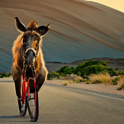 Prompt: an elderly man donkey hybrid, screaming, riding a bike, tutu, bold natural colors, national geographic photography, masterpiece, 8 k, raw, unedited, symmetrical balance, desert, roadkill