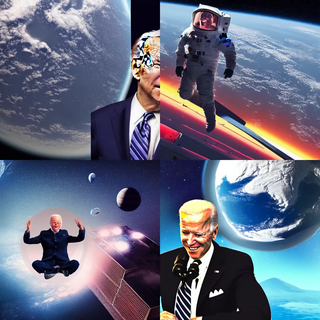 Prompt: joe biden floating in the middle of outer space, normal clothes, large planet in the background, cyberpunk space lighting, 8 k