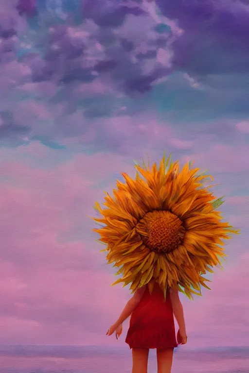 Image similar to closeup, giant flower head, a girl on beach, surreal photography, wind and cold, dramatic sky, impressionist painting, digital painting, artstation, simon stalenhag