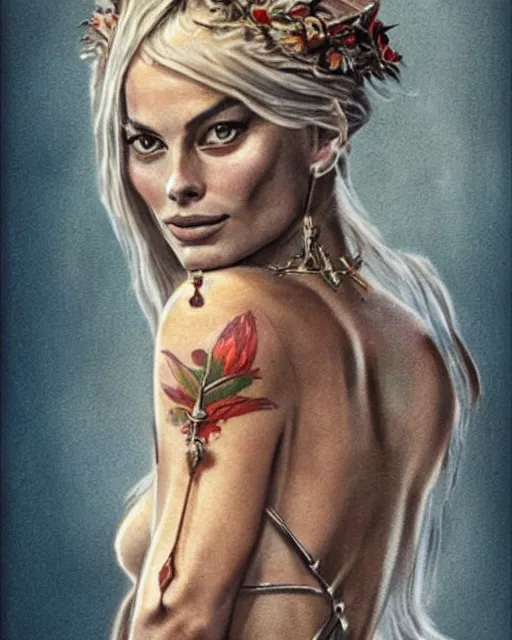 Image similar to realism tattoo sketch of margot robbie as a beautiful greek goddess aphrodite with piercing eyes wearing a laurel wreath and triangle earrings, in the style of greg rutkowski, amazing detail