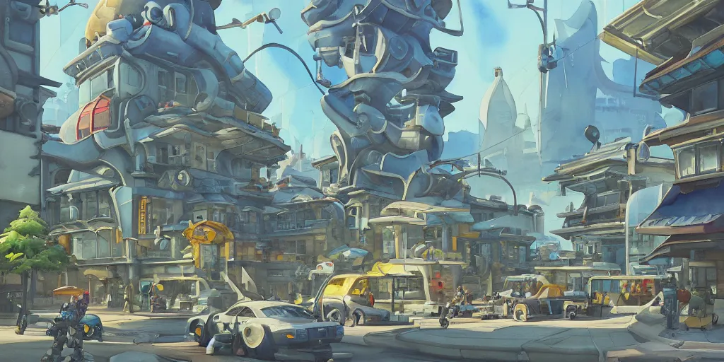 Prompt: overwatch building, stylized, exterior, architecture, in watercolor gouache detailed paintings, insanely detail, artstation, 8 k, futuristic, big medium small, arcane, simon stalenhag, food stall, interesting shapes & form, golden ratio, hard surface, props, lots of decoration, megastructures, floating city, tree and plants, solarpunk, japanese downtown