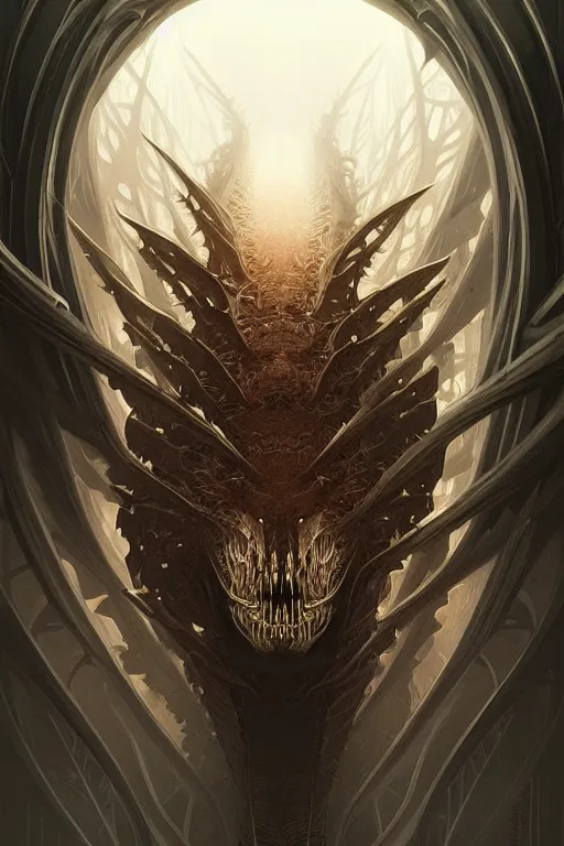 Image similar to professional concept art symmetrical portrait of a terrifying! mechanical predatory fractal! species in a dark room by artgerm and greg rutkowski. an intricate, elegant, highly detailed digital painting, concept art, smooth, sharp focus, illustration, in the style of cam sykes.