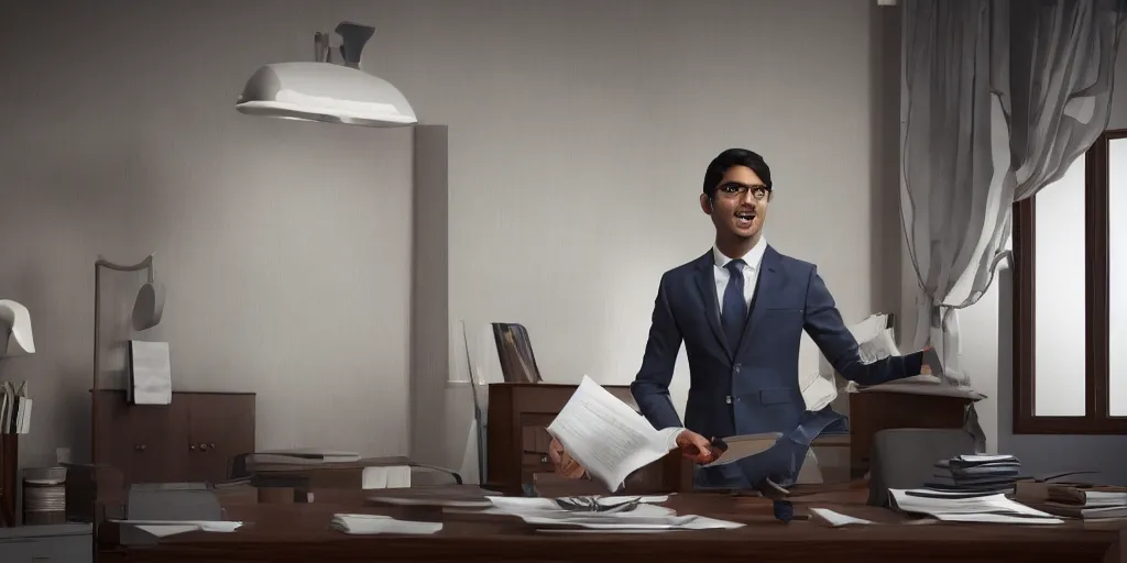 Image similar to young indian struggling lawyer performing for his clients in indian trial court, unreal 5, hyperrealistic, realistic, photorealistic, dynamic lighting, highly detailed, cinematic landscape, studio landscape, studio lighting