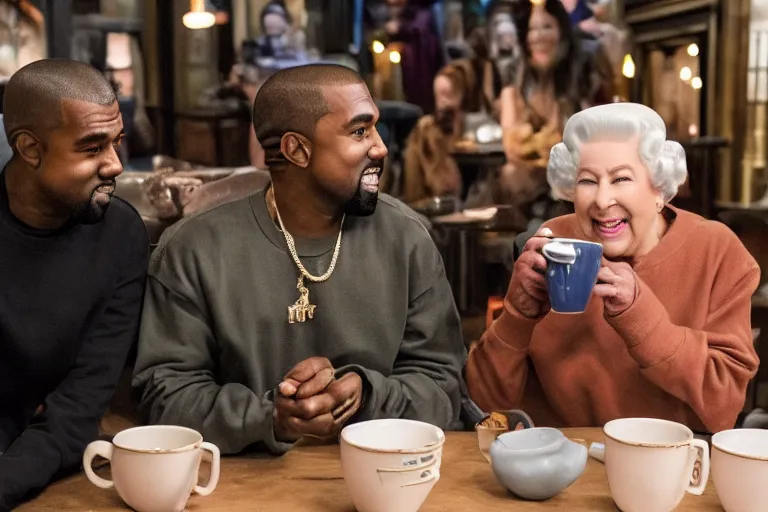 Image similar to Kanye West and Queenz Flip (2018) are best friends, drinking coffee at central perk, still photo, hyperrealistic, 35mm, 8k, by weta digital