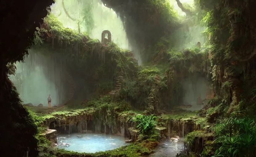 Prompt: painting of an interior of a hidden hotspring in a small cave, fantasy, lush plants and flowers, natural light, concept art, by greg rutkowski and craig mullins, cozy atmospheric and cinematic lighting, trending on artstation