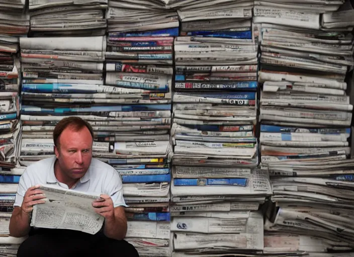 Image similar to dslr photo still of alex jones sitting depressed in a room filled to the ceiling with newspapers, 5 2 mm f 5. 6