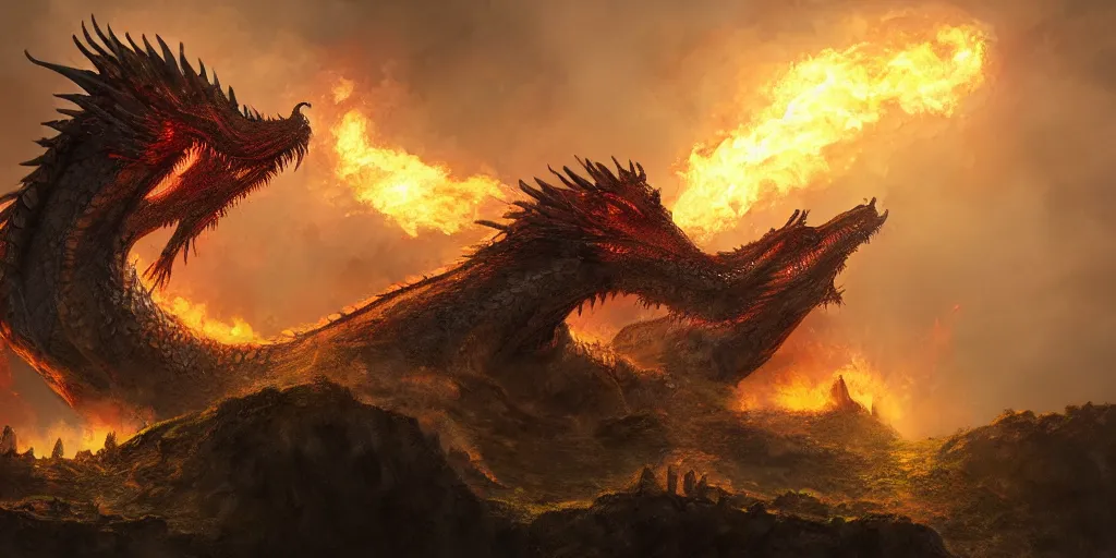 Image similar to an environmental concept art of a highly detailed dragon breathing fire on a castle, game of thrones, environmental light, cinematic by francis tneh