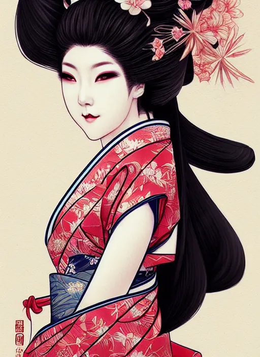 Image similar to lovely japanese geisha, character portrait, sketch, concept art, intricate details, highly detailed photorealistic, portrait, in the style of adam hughes, seseon yoon, artgerm and warren louw