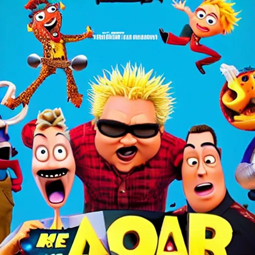 Image similar to a pixar movie starring Guy Fieri as a goofy villain, promotional poster, award-winning cinematography, 4k