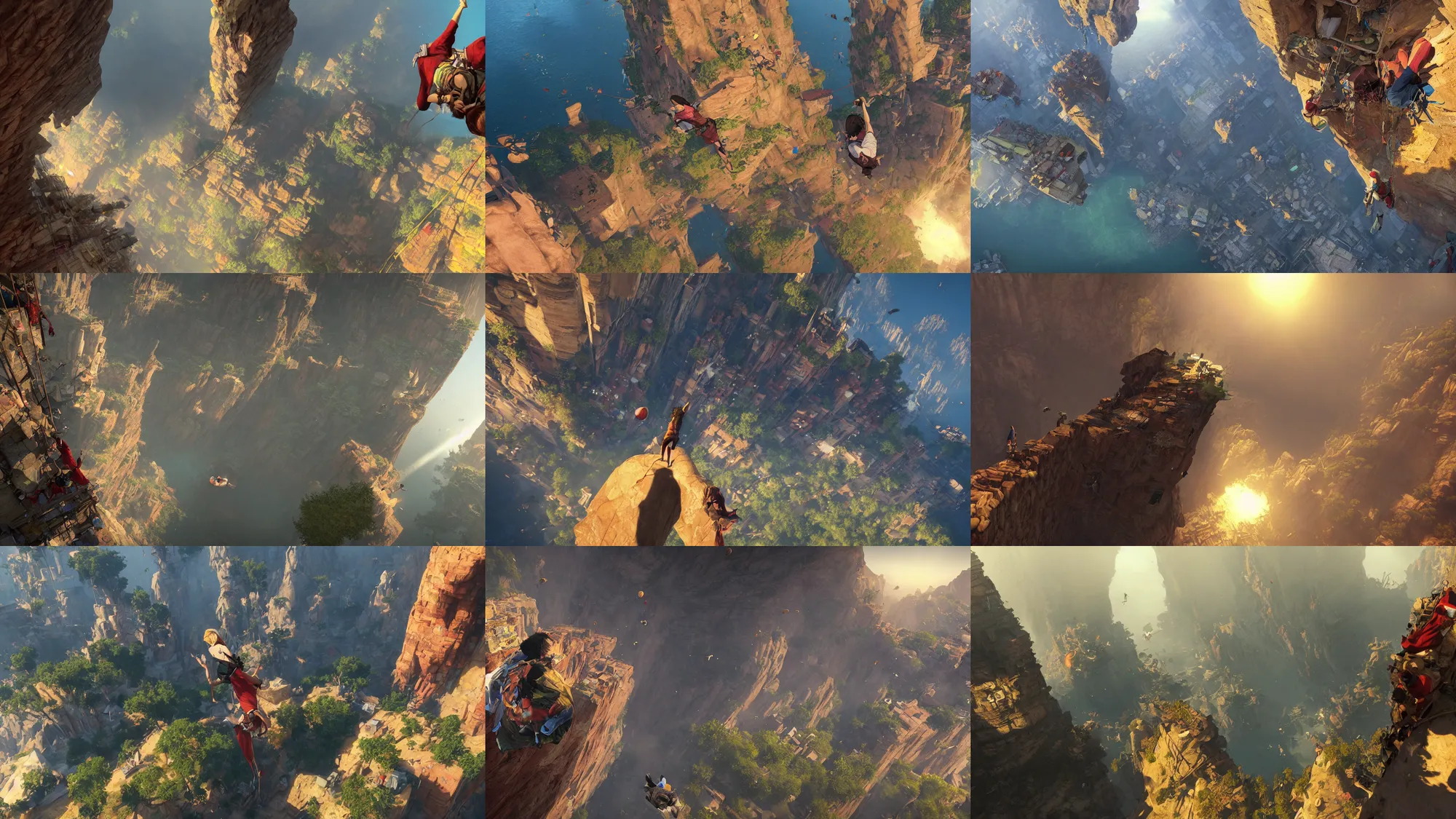 Prompt: incredible screenshot of the last guardian, gravity rush, on PS5, Unreal engine 5, golden hour, colorful cliff-face village, large red banners fabric in the wind, dust storm, dynamic camera angle, deep 3 point perspective, fish eye, dynamic extreme foreshortening, rock climbing, scaffolding collapsing, vertigo, fear of heights, contrasting shadows, valley mist, huge chasm, broken bridges, 8k, hd, high resolution