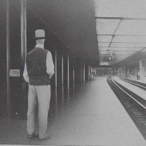 Prompt: turn of the century sepia photo of a man waiting at the train station while holding an ipad