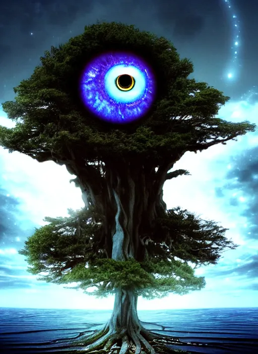 Image similar to a god tree from which planets or galaxies hang instead of futas, the tree is on top of a calm sea, in the background there is an eye whose iris coincides with the tree. fantasy art, horror, nightmare, photo realistic, dynamic lighting, artstation, poster, volumetric lighting, very detailed faces, 4 k, award winning