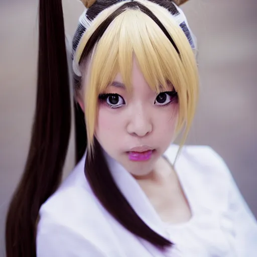 Image similar to a high definition photo of a cosplayer with twin tails, wearing white dress, symmetric and beautiful face, photo taken with Sony a7R