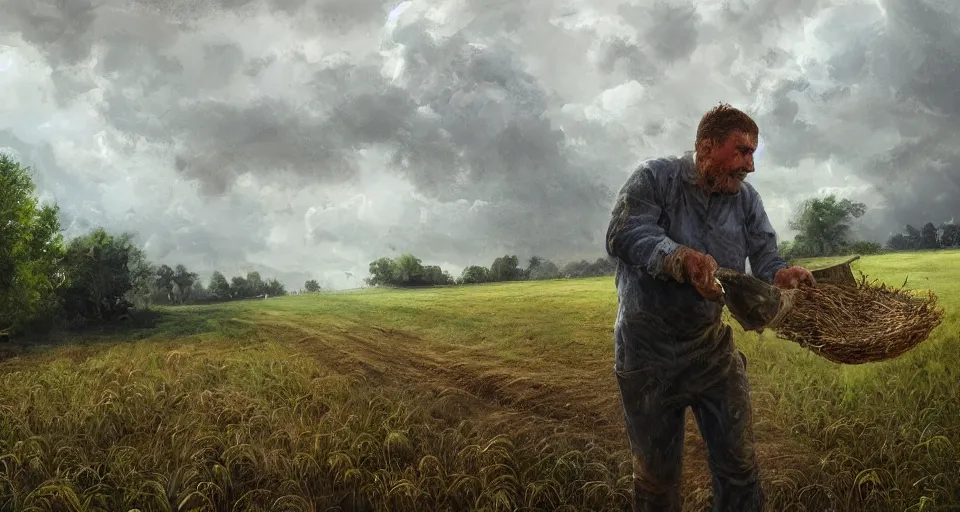 Image similar to man working in a farm, storm, high quality high detail painting, hd, artstation,