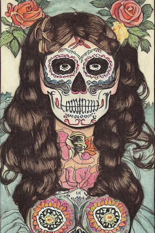 Image similar to illustration of a sugar skull day of the dead girl, art by pierre puvis de chavannes