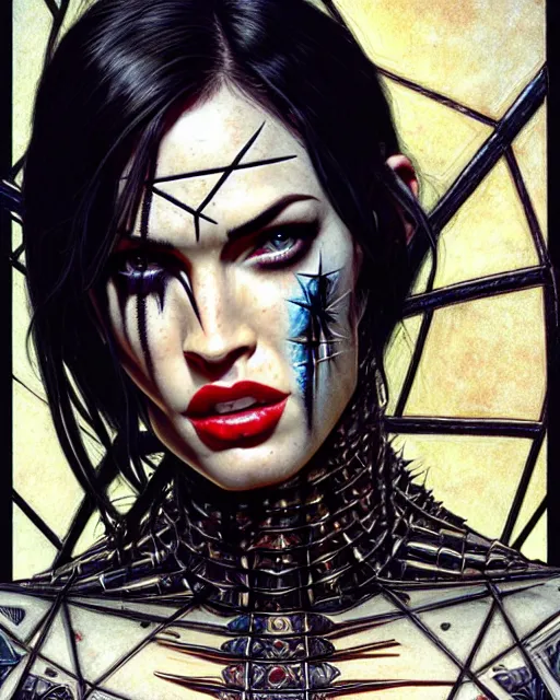 Image similar to portrait of megan fox as pinhead, bald, hellraiser, xenobite, lament configuration, hell, intricate, headshot, highly detailed, digital painting, artstation, concept art, sharp focus, cinematic lighting, illustration, art by artgerm and greg rutkowski, alphonse mucha, cgsociety