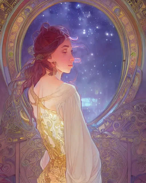 Image similar to secret romance, highly detailed, gold filigree, romantic storybook fantasy, soft cinematic lighting, award, disney concept art watercolor illustration by mandy jurgens and alphonse mucha and alena aenami, pastel color palette, featured on artstation