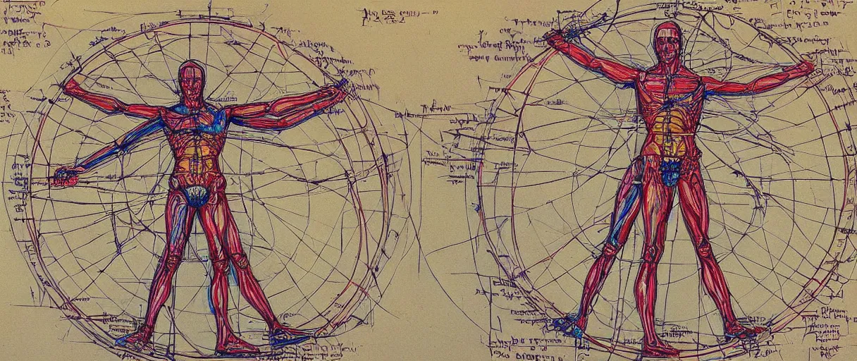 Image similar to a brilliantly colored painting of an exploded diagram of a detailed engineering schematic of a robot in the pose vitruvian man in the style of jean giraud