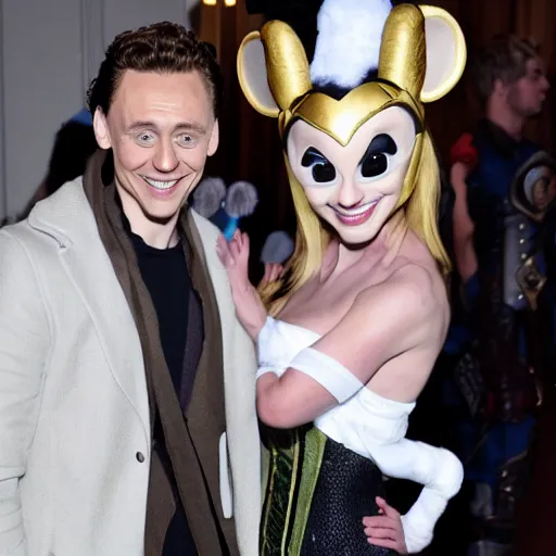 Image similar to Tom Hiddleston dressed as his character Loki and flirting with a skinny blonde woman wearing Mickey Mouse ears