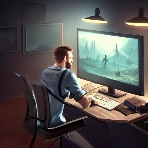Image similar to realistic successful man playing laptop in gaming room, artstation trends, future concept art, highly detailed, intricate, sharp focus, digital art, 8 k